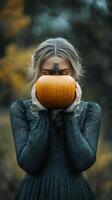 Woman holding a pumpkin in an autumn field with golden foliage photo