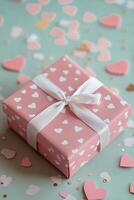 Gift box adorned with hearts surrounded by sparkly confetti on a soft pink background photo