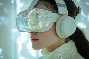 Virtual reality experience with headset and immersive audio in modern space photo