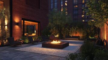 Cozy outdoor gathering space with fire pit surrounded by lush greenery in an urban setting photo