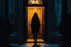 Silhouette of a woman entering a warmly lit doorway in a quiet alleyway at night photo