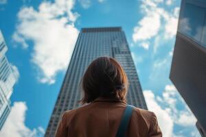 Looking up at a tall building under a bright blue sky with scattered clouds in an urban setting photo