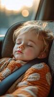 Peaceful child sleeping in a car seat during a sunny drive in the afternoon photo