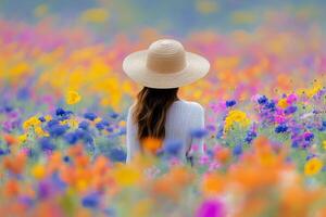 Woman in a wide-brimmed hat enjoys a colorful flower field in springtime photo