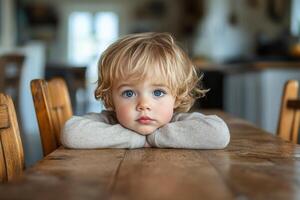 Child with curious expression sitting at wooden table in a cozy cafe photo