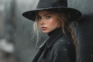 Woman in a black hat standing in the rain against a dark wall during a cloudy day photo