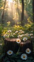 Sunlight filtering through trees above a wooden stump surrounded by blooming daisies in a forest photo