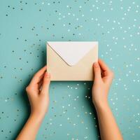 Hand holding a brown envelope on a blue background with golden and silver star confetti photo