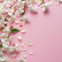 Delicate cherry blossom petals scattered on a soft pink background photo