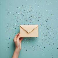Hand holding a brown envelope on a blue background with golden and silver star confetti photo
