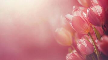 Beautiful blooming pink tulips in soft focus against a gentle light backdrop photo