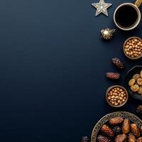 Fresh dates, spices, and coffee on a dark blue backdrop create a rich culinary experience photo