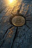 Bitcoin coin resting on a wooden surface illuminated by natural light at sunset photo