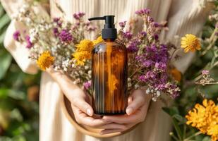 Rustic display of essential oil bottle on natural wooden plate with dried herbs and flowers photo