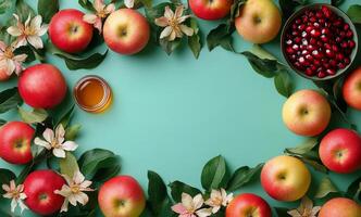 Fresh apples, pomegranates, and honey arranged on a turquoise background for a seasonal celebration photo