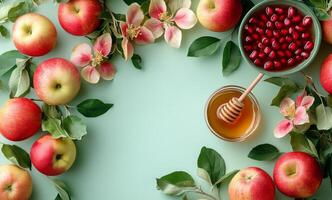 Fresh apples, pomegranates, and honey arranged on a turquoise background for a seasonal celebration photo