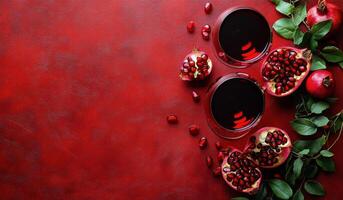 Rich red pomegranate juice served in glasses with fresh pomegranates and vibrant red background photo