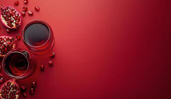 Rich red pomegranate juice served in glasses with fresh pomegranates and vibrant red background photo