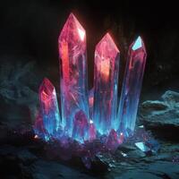Vibrant pink crystal formation illuminated in dim light on a dark surface photo