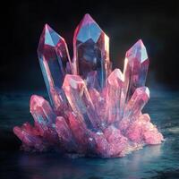 Vibrant pink crystal formation illuminated in dim light on a dark surface photo