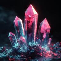 Vibrant pink crystal formation illuminated in dim light on a dark surface photo