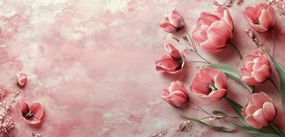 Beautiful pink tulips arranged on a soft pink background for a spring celebration photo