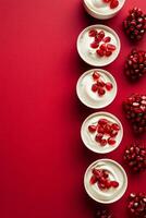 Creamy dessert topped with pomegranate seeds on a vibrant red backdrop photo