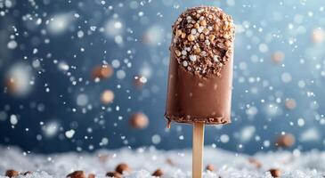 Chocolate coated popsicle covered in colorful sprinkles amidst falling snowflakes in winter photo