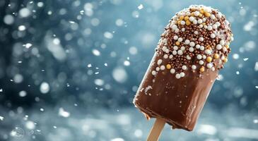 Chocolate coated popsicle covered in colorful sprinkles amidst falling snowflakes in winter photo
