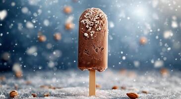 Chocolate coated popsicle covered in colorful sprinkles amidst falling snowflakes in winter photo