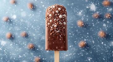 Chocolate coated popsicle covered in colorful sprinkles amidst falling snowflakes in winter photo