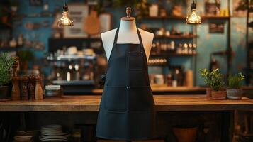 Black apron hanging in a cozy cafe with vintage decor and warm lighting photo