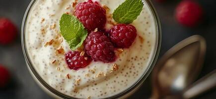 Delicious raspberry parfait with yogurt and mint leaves served in a glass cup photo
