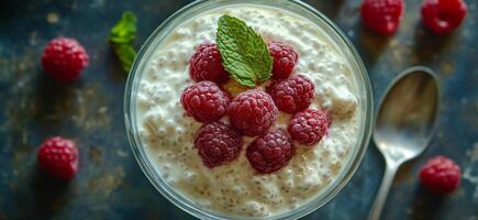 Delicious raspberry parfait with yogurt and mint leaves served in a glass cup photo
