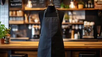 Black apron hanging in a cozy cafe with vintage decor and warm lighting photo