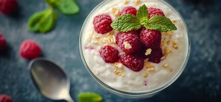Delicious raspberry parfait with yogurt and mint leaves served in a glass cup photo