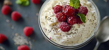 Delicious raspberry parfait with yogurt and mint leaves served in a glass cup photo