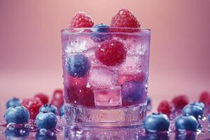 Refreshing berry beverage with ice and fresh fruits in a glass photo
