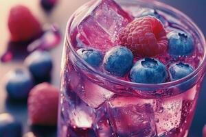 Refreshing berry beverage with ice and fresh fruits in a glass photo