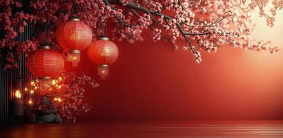 Beautiful red lanterns hanging amidst blooming cherry blossoms in a serene setting photo