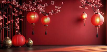 Red lanterns hanging from cherry blossom branches during a vibrant celebration in spring photo