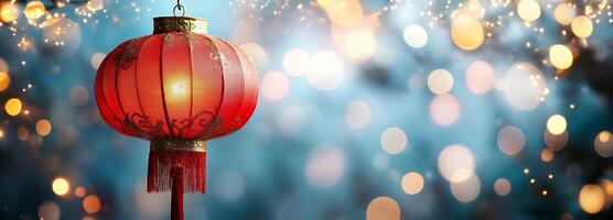 Red lantern glowing softly during a festive celebration in an illuminated urban setting photo