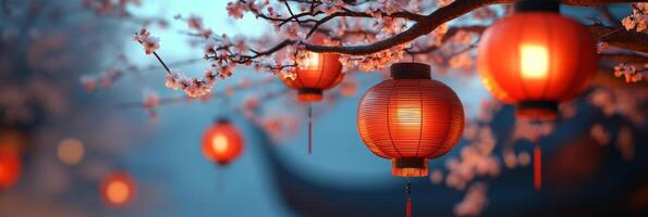 Colorful lanterns illuminate a blossoming cherry tree at dusk in a serene outdoor setting photo