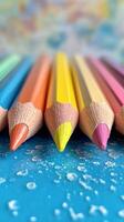 Colorful pencils arranged in a vibrant pattern on a glittery blue surface photo