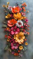 Colorful floral arrangement featuring ranunculus and dried flowers against a textured background photo