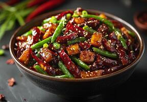 Delicious stir-fried vegetables with tofu and spices in a bowl photo
