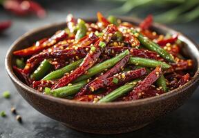 Delicious stir-fried vegetables with tofu and spices in a bowl photo