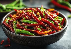 Delicious stir-fried vegetables with tofu and spices in a bowl photo