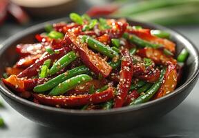 Delicious stir-fried vegetables with tofu and spices in a bowl photo