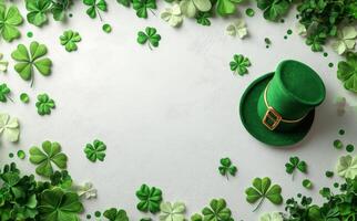 Green leprechaun hats and shamrocks arranged for celebration of St Patricks Day photo